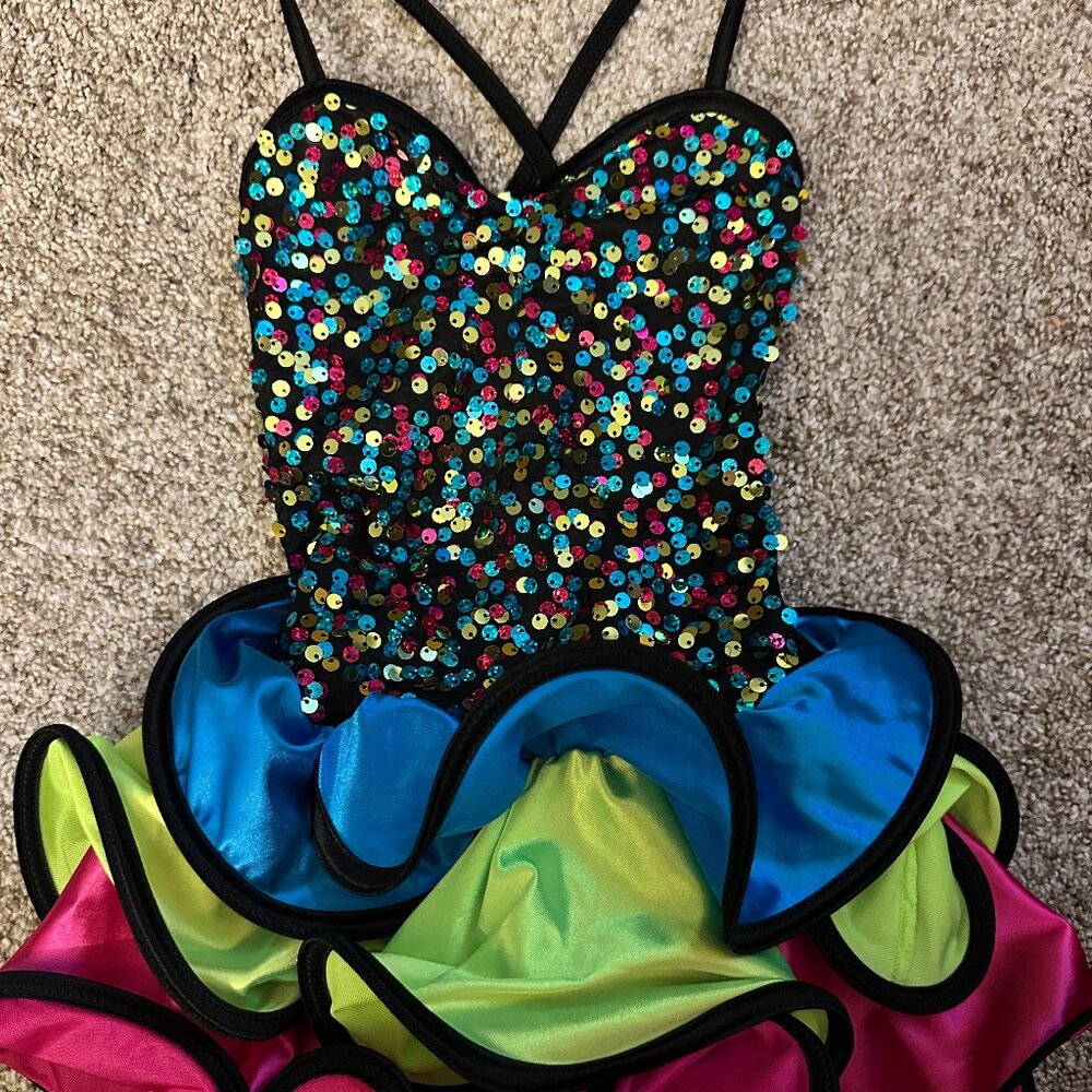 XSC Weissman Bright Confetti Dance Costume w/ Neon Skirt sequin bodice 4/5